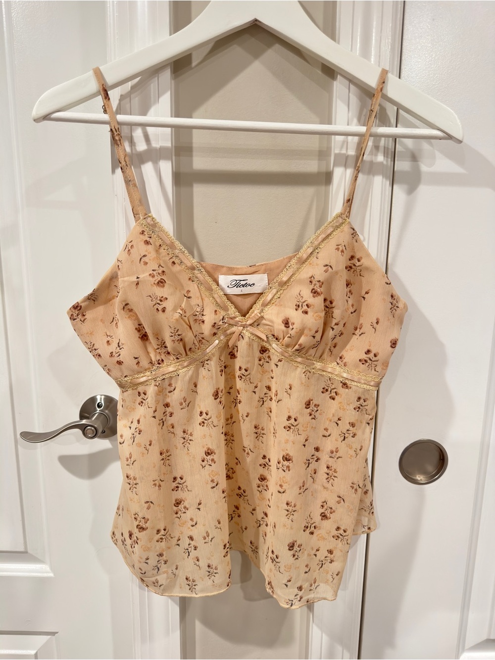 Victor Floral Lace Trim Cami Babydoll Top Beige Brown Size Large